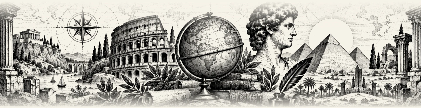 An engraved panorama of the ancient and early-modern world: classical columns, the Parthenon on its hill, a compass rose, the Colosseum, a globe on a stand among laurel and scrolls, a marble bust in profile, a quill in an inkpot, and the pyramids at Giza.